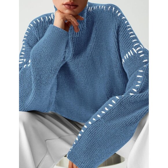 Prettygarden Women's Blue Fall Long Sleeve Mock Neck Oversized Chunky Sweaters - Picture 7 of 8